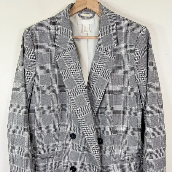 H&M Double-Breasted Black And White Career Long Line Plaid Blazer - Picture 3 of 15